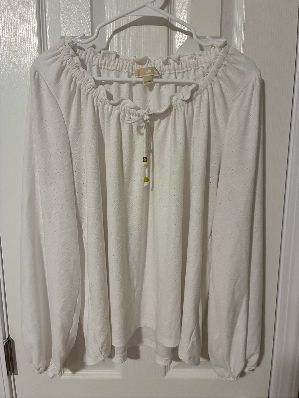 Michael Kors Cream Eyelet Peasant Top with Gold Bead Ties